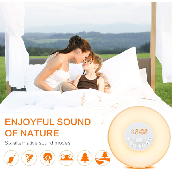 Sunrise Alarmur med Lys Opgraderet Version Lysalarm med Solopgang/Solnedgang Simulation Dobbelt Alarm og Snooze Funktion, 6 Farver Atmosfærisk Lampe