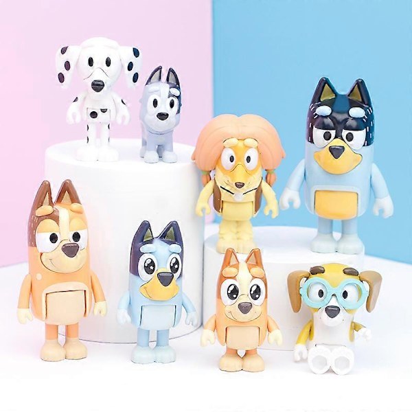 8 st Blåögda Familj Actionfigurer Leksaker, Söta Anime Figur Blå Hund, Rörliga Leder PVc Dockmodell Ornament
