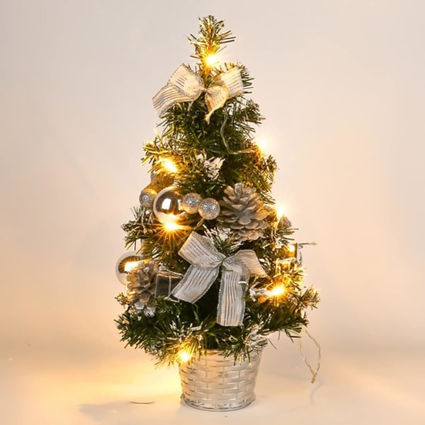 Lysende kunstigt juletræ med hvid sne, 40 cm lille bordplade juletræ LED lysguirlander med sløjfe og fyrrekogle