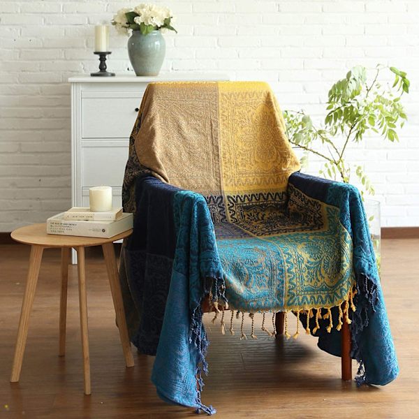 Bohemian Tribal Kast tæpper Reversible Farverige Rød Blå Boho Hippie Chenille Jacquard Stof Kast(Blå, L 102x87in)