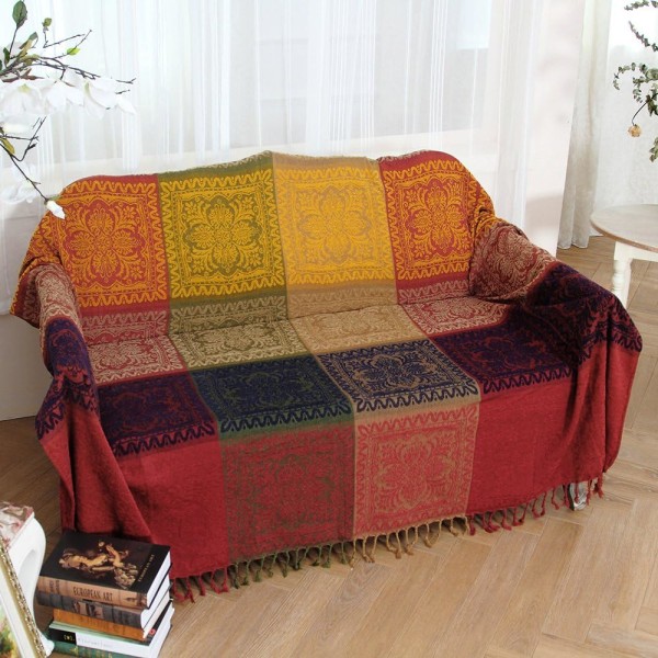 Chenille Jacquard-Tofsar Kastfilt Soffa Stolsöverdrag Bordduk - Färgglad Tribal Mönster