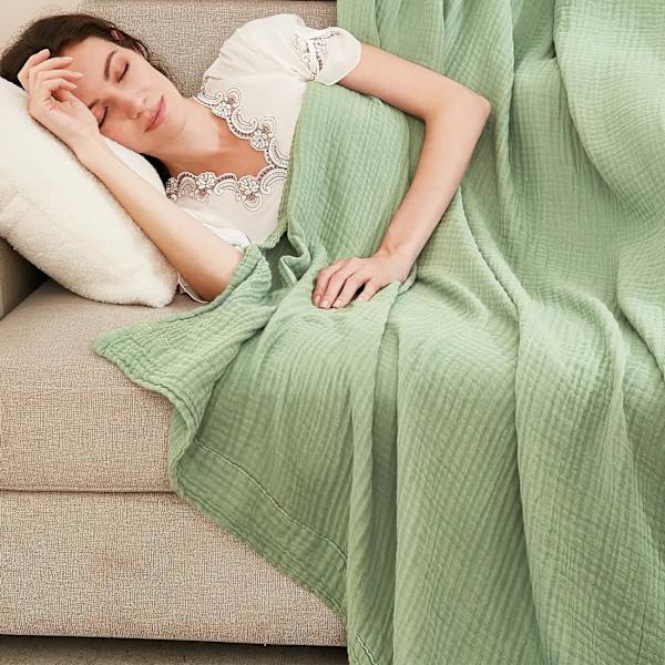 Bomuldskaste Tæppe 100% Muslin Blødt Tæppe til Sofa 4-Laget Åndbart Gaze Tæppe Alle Sæsoner Blødt  (Salviegrøn, 70 x 100cm)Grøn
