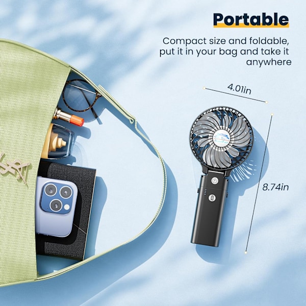 5200mAh Håndholdt Ventilator, 3 Hastigheder, Bærbar, 180° Foldbar, med Powerbank Funktion og Genopladelig Personlig Bordventilator, 3 i 1, Kraftig Luftstrøm