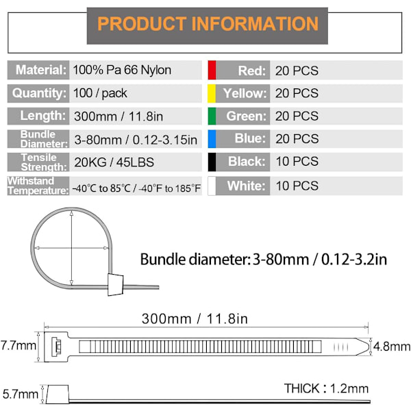 200 kpl uudelleenkäytettäviä kaapelisiteitä, 300 x 4,8 mm, värikkäitä kaapelisiteitä, UV- ja lämmönkestäviä