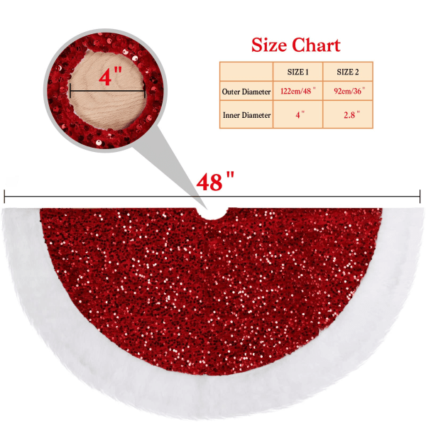 Rødt juletre skjørt med paljetter og imitert pels, 48 tommer