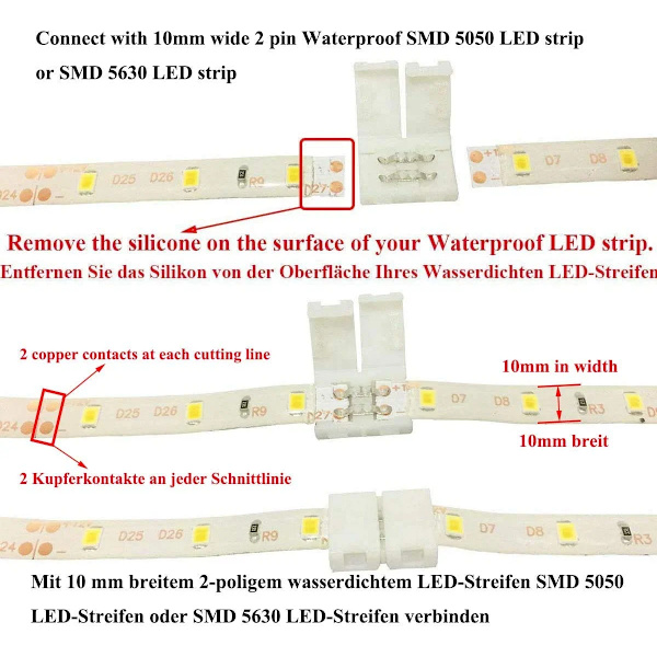 LED-remsanslutning 2-stifts LED, lödfri (20 st)