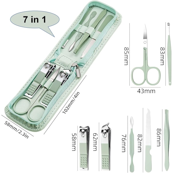 Manikyrset Nagelknipsare Pedikyrkit - 7 Delar Rostfritt Stål Rese-Nagelkit - Grön