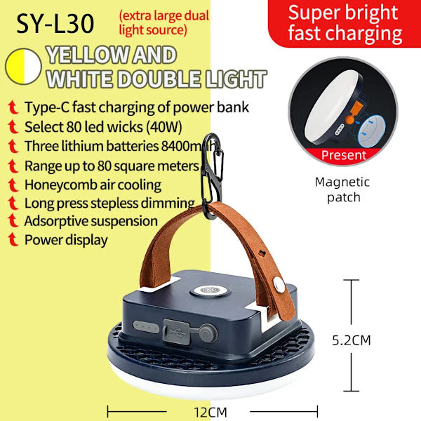 Superljus Bärbar LED Camping Lykta Essential 40W