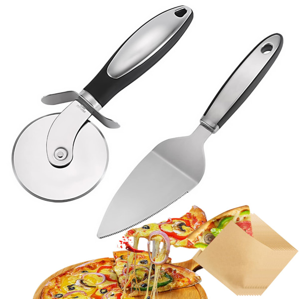 Pizzaskivare och pizzaspade set, professionell pizzaskärare i rostfritt stål, hjulrulle pizzaspade för bröd, våfflor, pannkakor