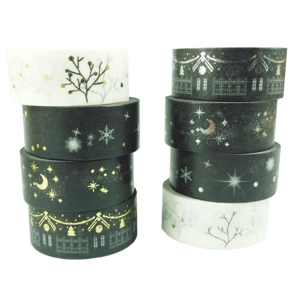 Washi tape, dekorative tape, sæt med 4 sølv + 4 gyldne