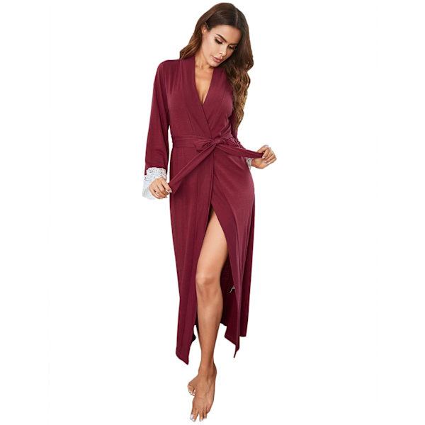 Kvinders Kimono Morgenkåbe i Fuld Længde Badekåbe Letvægts Blød Strikket Nattøj Damer Loungewear, Rød M
