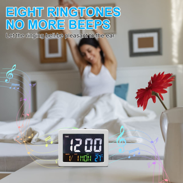 Led digital väckarklocka, elektronisk reseväckarklocka Batteriväckarklockor Sängbord med 8 larmljud, knappaktiverad bakgrundsbelysning (vit)