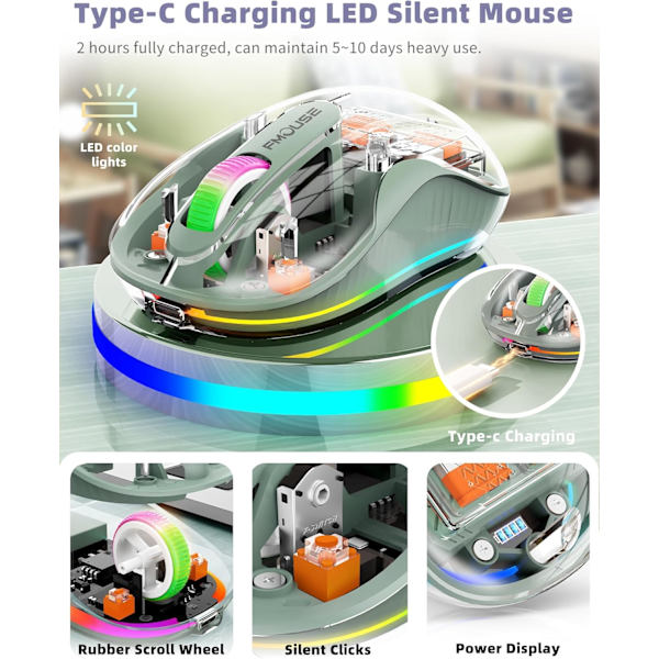 Trådløs Gaming Mus, T30 2.4G Trådløs Mus, Genopladelig RGB Lys, Gaming Mus med Justerbar DPI