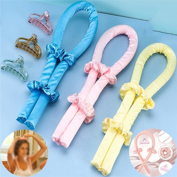 Varmefrit Krøllerulle Hårbånd, Hårruller med Hårklemme, Lazy Curler, Varmefrit Silke Krøllebånd, DIY Hårstylingværktøj