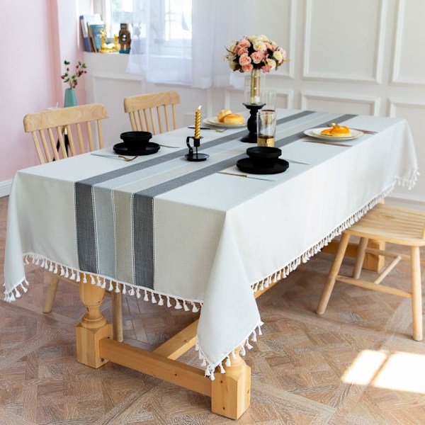 Suorakulmainen Pöytäliina Tahroja Hylkivä Pestävä Puuvillapellava Pöytäliina Kirjailtu Tupsu Pöytäliinat (Harmaa Tupsi Raita, 140x140CM)