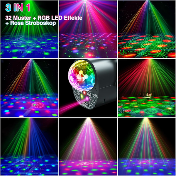 Disco Lys Partylys, 3 i 1 Diskokule Lys 32 Mønstre med Fjernkontroll for Party DJ Bar Klubb Festivalforestilling