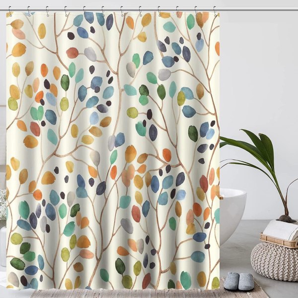 Duschdraperi 180x200 Beige Anti-Mögel Tyg Tvättad Badgardin Färgglada Växter Motiv med Öglor Duschgardiner Vintage Textil