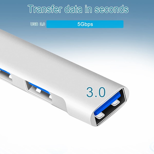 USB-hub, ultraslank 4-poorts (1*USB3.0 & 3*USB2.0), multi-USB-adapter for PC, bærbar PC, MacBook, stasjonær PC, PS3 PS4, Xbox, Wii, XPS, mobil HDD - sølv