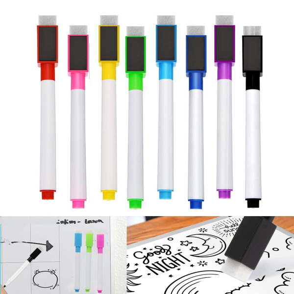 Whiteboard-pennor - 8 färger magnetiska whiteboard-pennor och suddgummi-set - Fin spets torr radering whiteboard-pennor för släta ytor
