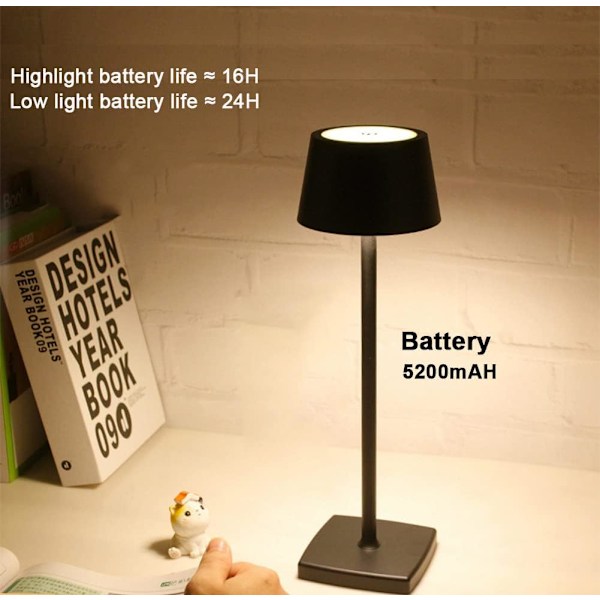 Langaton pöytälamppu, 5200 mAh:n ladattava akku, IP54 vedenkestävä, kosketushimmennys, 4W LED-lämpimä valo