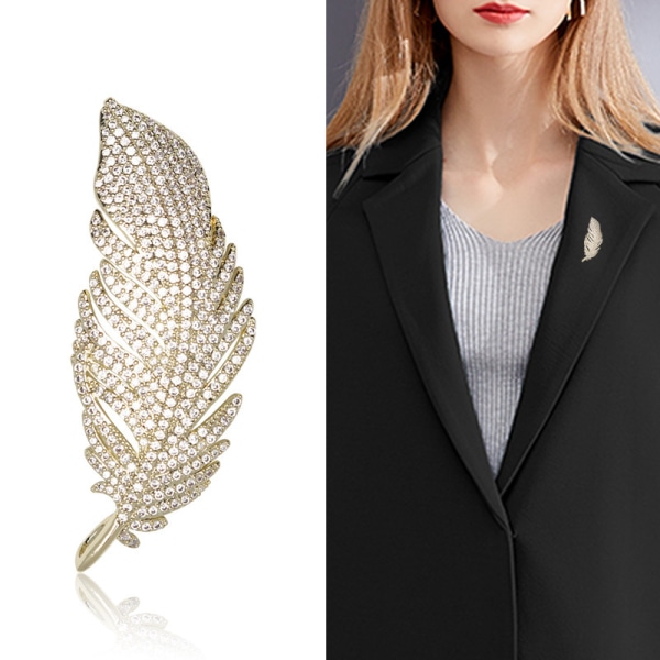Guld Rhinestone Fjäder Brosch Pin för Kvinnor Män Mode Kristall
