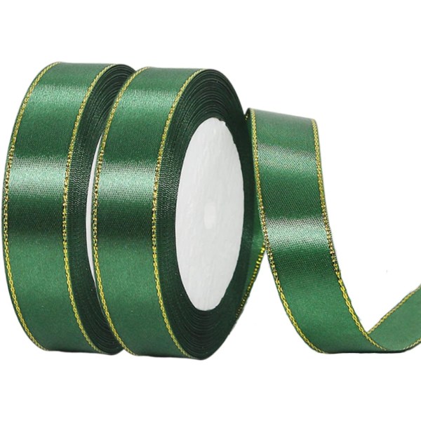 2Rullar 20mmx22m grönt band med guldkant,juldubbelsidig satinbandrulle för hantverk DIY,julband för presentupppackning
