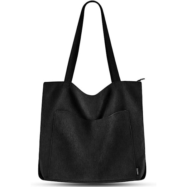 Corduroy Tote Bag til Kvinder Stor Skuldertaske med Lynlås og Lommer til College Skole Arbejde Rejser Shopping
