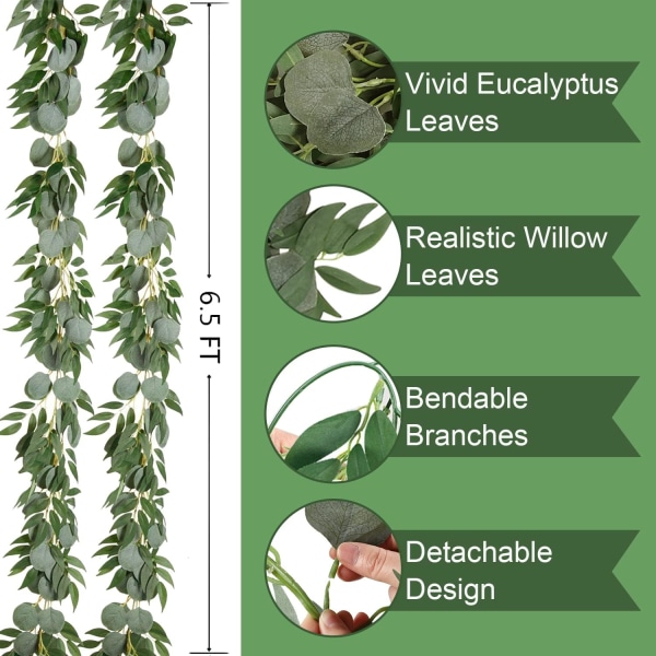 2 stk. 6,5 ft kunstig Eucalyptus krans med pileblade Falsk hængende grønt løv Vine Bordløber krans