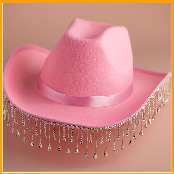 Cowboyhatt för kvinnor, bredbrättad med strass och fransar, västerländsk stor hatt för klubb och fest, rosa