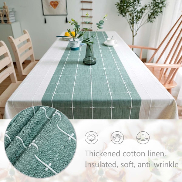 Rektangulär Bordsduk i Bomullslinne Enfärgad Rutig Broderi Tofs Bomullslinne Bordsöverdrag för Köksbordsdekoration (140x180 cm, Grön/Vit)