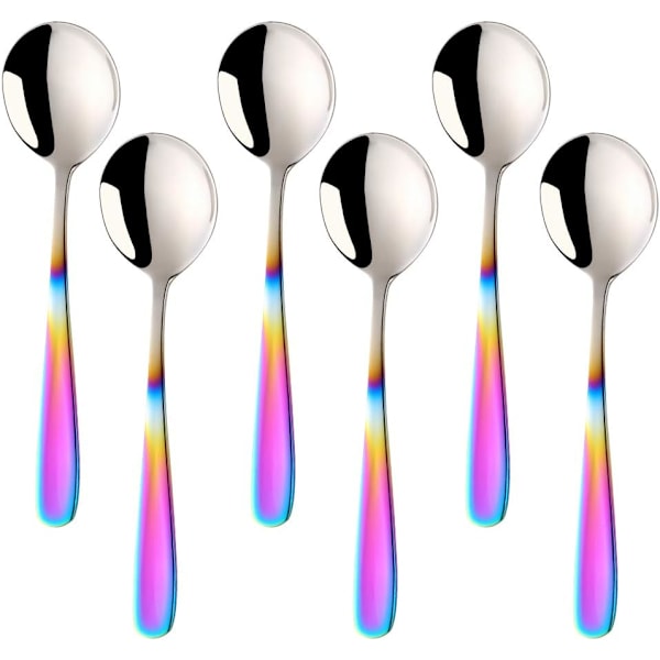 Bouillon ske skema, 7 tommer runde sup skeer, rustfrit stål finish bord skeer (gradient regnbue)