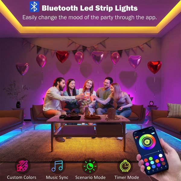 15M LED-remsor med Bluetooth Smart App-kontroll, Musiksynkronisering, Färgväxlande RGB LED-ljusremsor med fjärrkontroll