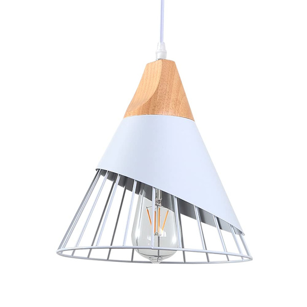Vintage pendellampa, trä industriell taklampa vit