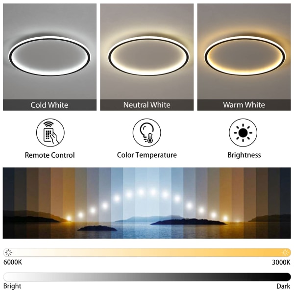 LED loftslampe dæmpbar med fjernbetjening, 25W sort LED loftslampe Φ40CM 3000K-6000K, indirekte belysning loftslampe til soveværelse