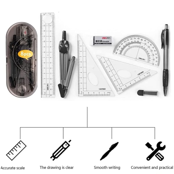 Geometrikompasssett, utdanningsmateriell, matematikkvinkelmålersett, linjalsett, blyant, viskelær, spisser for skole (8-delt sett, svart)