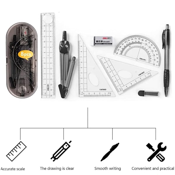 Geometriska kompassset, pedagogiska material, matematiskt gradskiva set, linjal set, penna, suddgummi, vässare för skolan (8-delars set, svart)