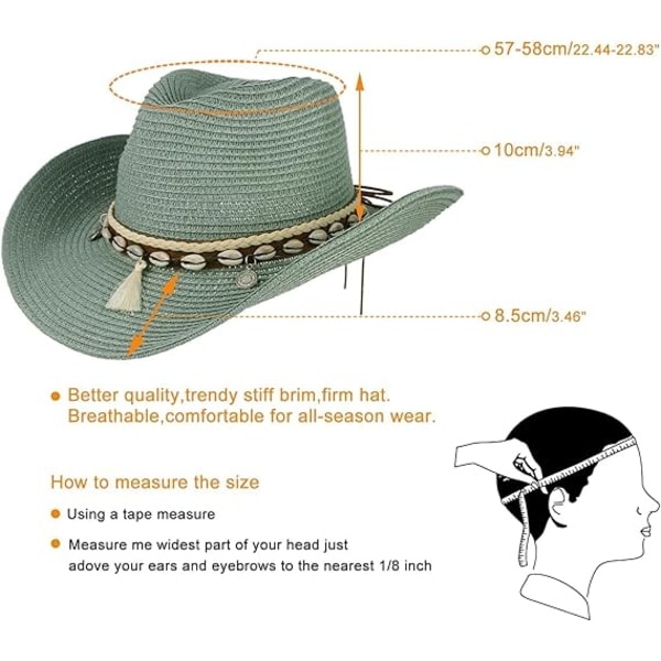 Sommerstrohat til kvinder, Cowboy Cowgirl Hat, Solhat med bred skygge, Strandstrohat med skalbånd, grøn