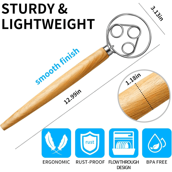 Taikinavispilä ruostumattomasta teräksestä valmistettu taikinavispilä hollantilaistyylinen leipätaikina käsivatkain puinen kahva Keittiön leivontatyökalut