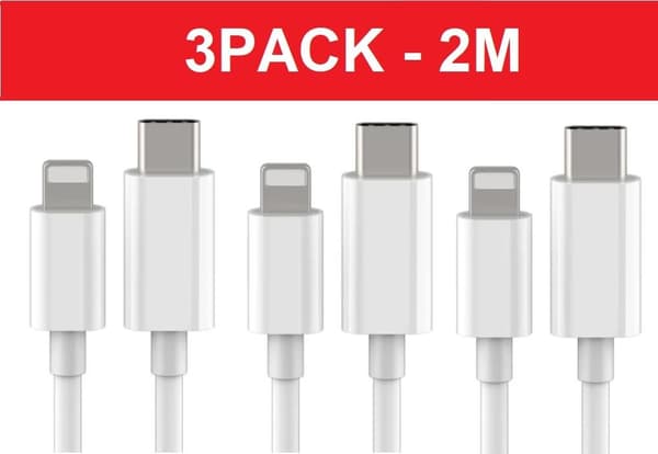 3-pakning 2m Lightning- og USB-C-ladekabler for rask synkronisering Hvit Hvit White 3-PACK 2M charging cable