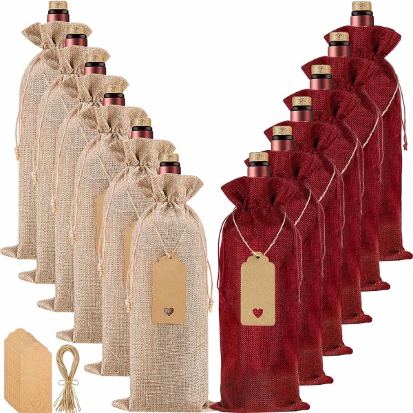 Premium burlap vinposer og gavelapper, gjenbrukbare, med snorer, vinflaskeposer, for bryllup, bursdag, jul, reiser, fest, hjemmeoppbevaring