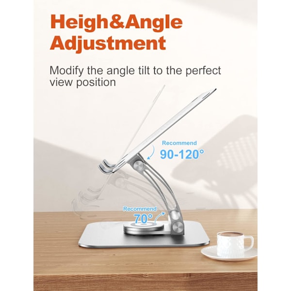 Justerbart laptopställ för skrivbord, Ergonomiskt laptopfäste med 360° roterande bas - Silver