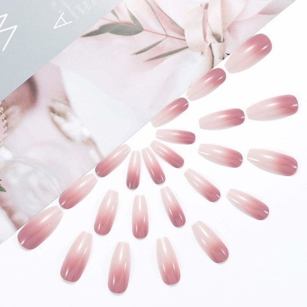 Långa falska naglar Rosa vit gradient Tryck på naglar Akrylnaglar