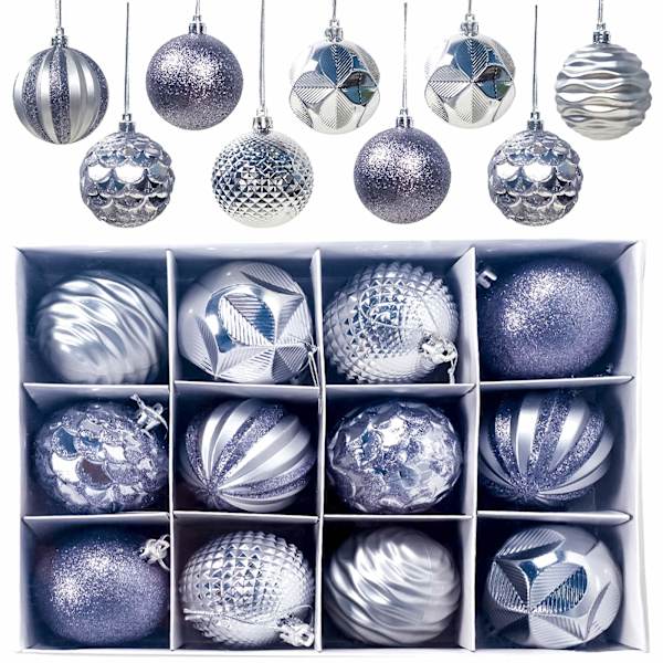 12 Stykker Julekulepynt, Matte og Blanke Julekulepynt, Glitrende Julepynt