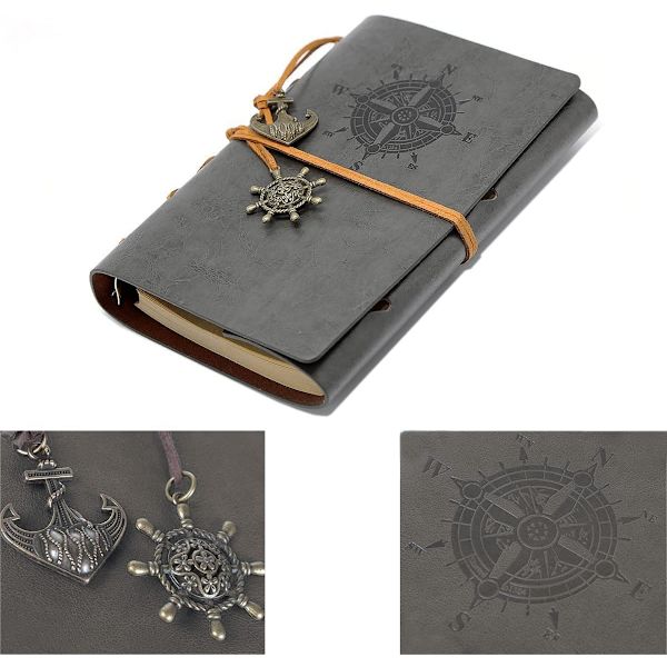 Vintage Retro PU Læderomslag Notesbog Journal Dagbog, Nautisk Spiral Tom Streng Daglig Notesblok Rejse til at Skrive i, Kraftpapir, Retro Vedhæng Silver gray