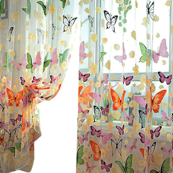 Dörr Fönster Balkong Fjärilsmönster Gardinpanel Voile Skir Organza Tulle 100*200cm