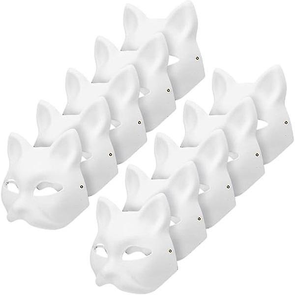 10 kattemasker til at male, dyreudklædningsmasker DIY hvide masker halv til maskerade Halloween børns cosplay masker kostume