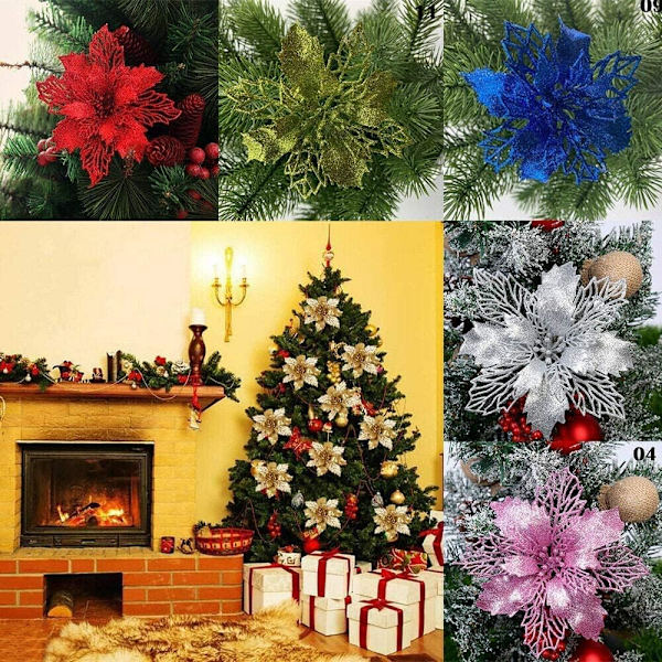 10 STK Juleblomster Store Julestjerne Glitterblomst Juletre Hengende Fest Juldekor