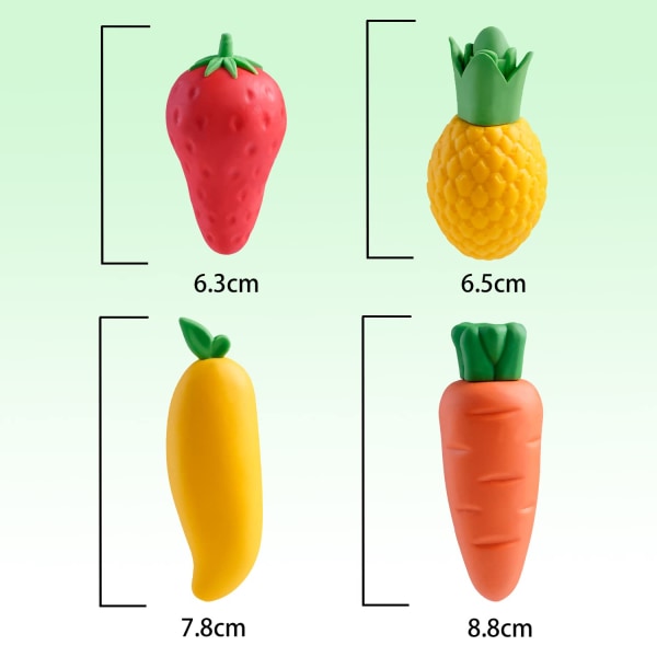 4 söpöä hedelmänmuotoista pyyhekumia, mango, ananas, mansikka, porkkana