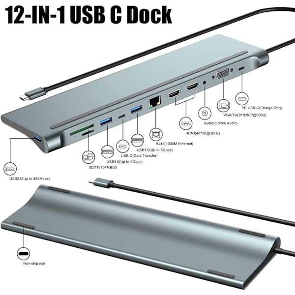 USB C Dockingstation för Dubbla Skärmar med 4K HDMI, VGA, 100W PD, USB-C, 3 USB, SD/TF, Kompatibel med MacBook/DELL/HP/Lenovo/Surface Laptops