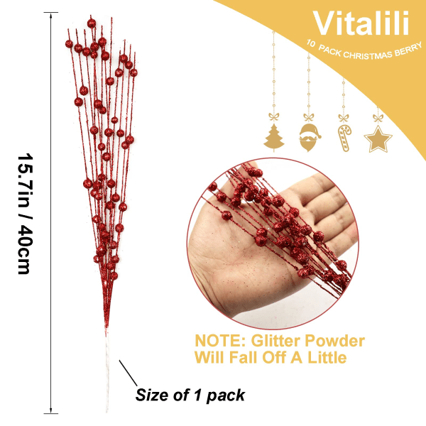 10 Pak Kunstige Glitter Bær Stilk Ornamenter 15,7in (Rød)